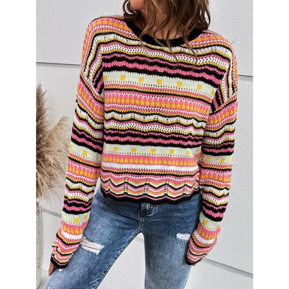 Striped 70s style vintage Pointelle Knit Sweater purple - Picture 10 of 11